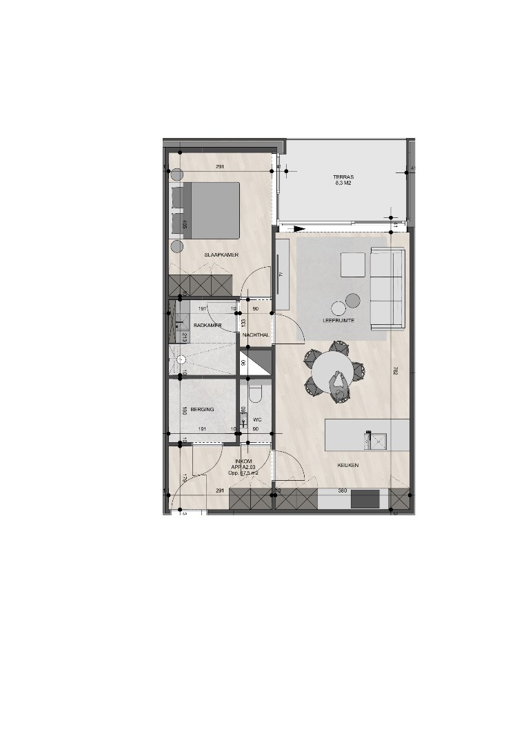 Appartement op de 2de verdieping van 67,50m² met één slaapkamer 