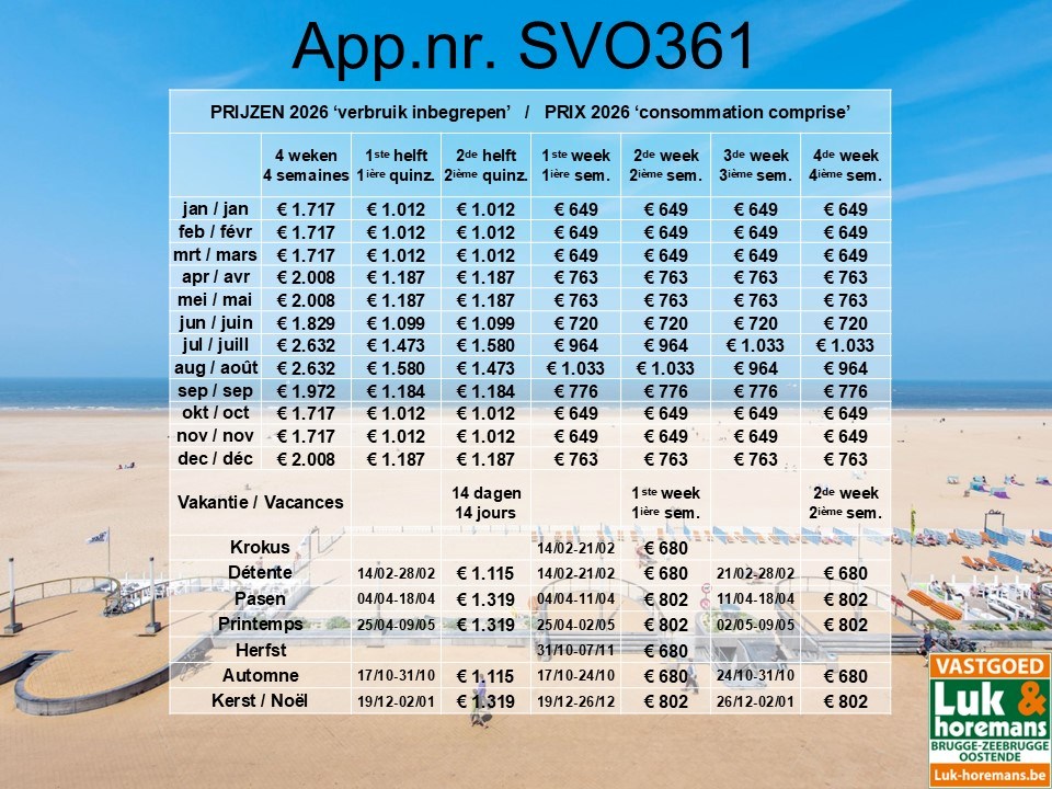 APPARTEMENT DE VACANCES RENOVE DANS LE CENTRE-VILLE D'OSTENDE (LOCATION VACANCES) - à partir de 649 Euros par semaine 
