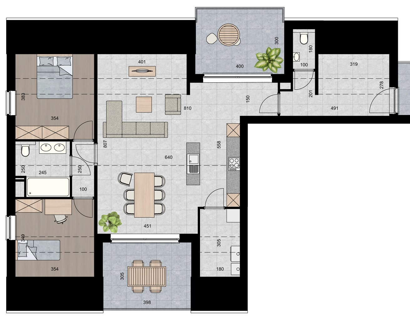 Ruim appartement (120 m²) met 2 slpk en 2 terrassen. 