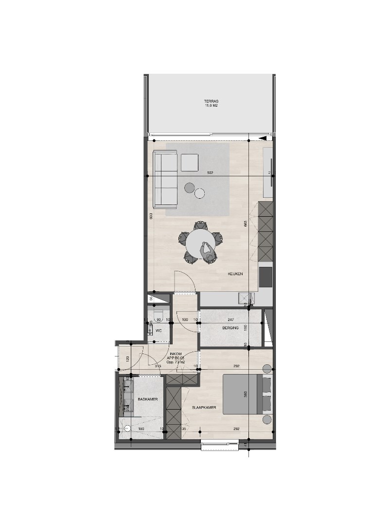 Gelijkvloers appartement van 73m² met één slaapkamer 