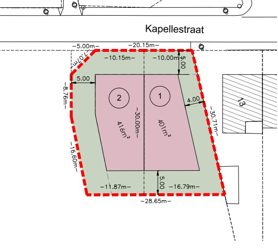 Perceel grond (Lot 2) van 416m² voor halfopen bebouwing 
