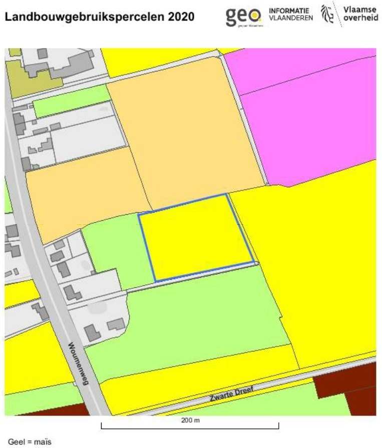 Perceel bouwland van 87a90ca gelegen nabij de Woumenweg. 